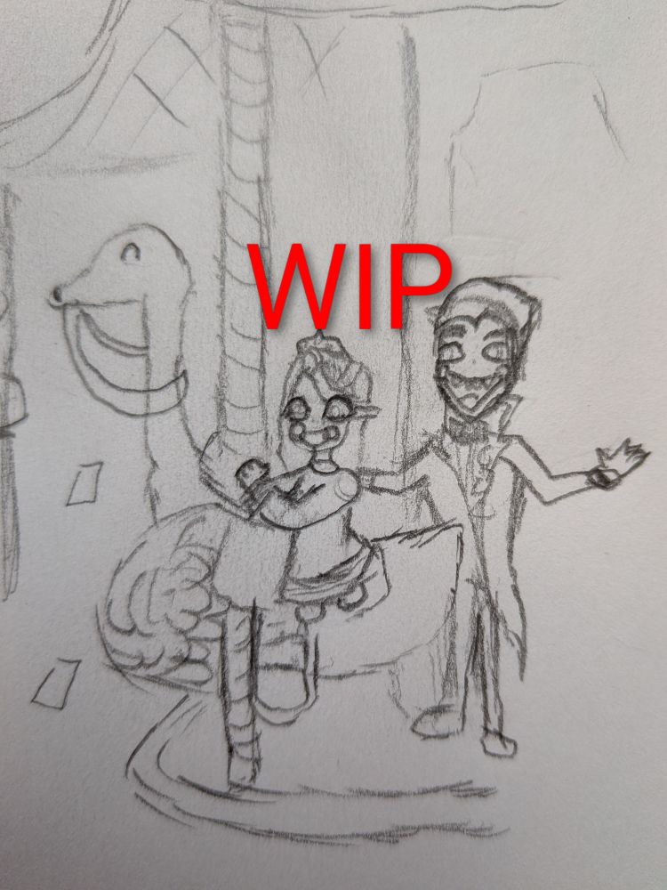 Sketch of Charlie as a kid riding a carousel animal shaped like a swan while her father stands nearby.