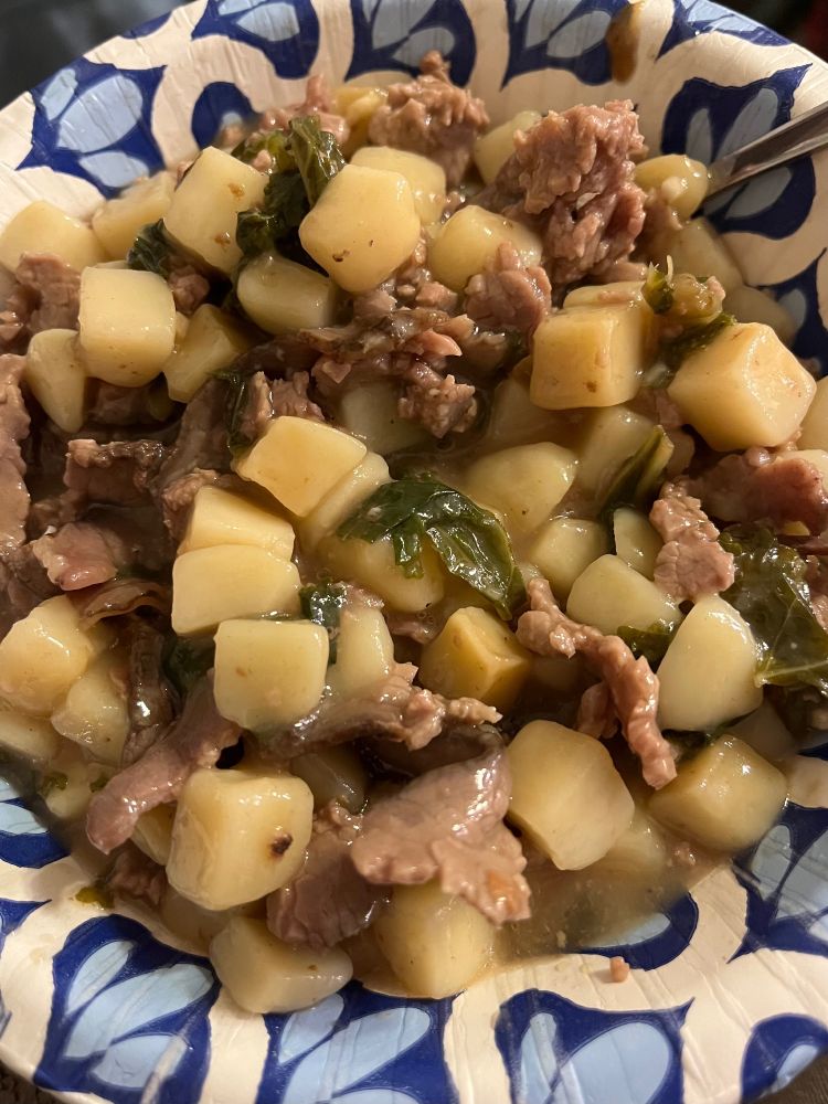 Beef, kale, and potato stew.