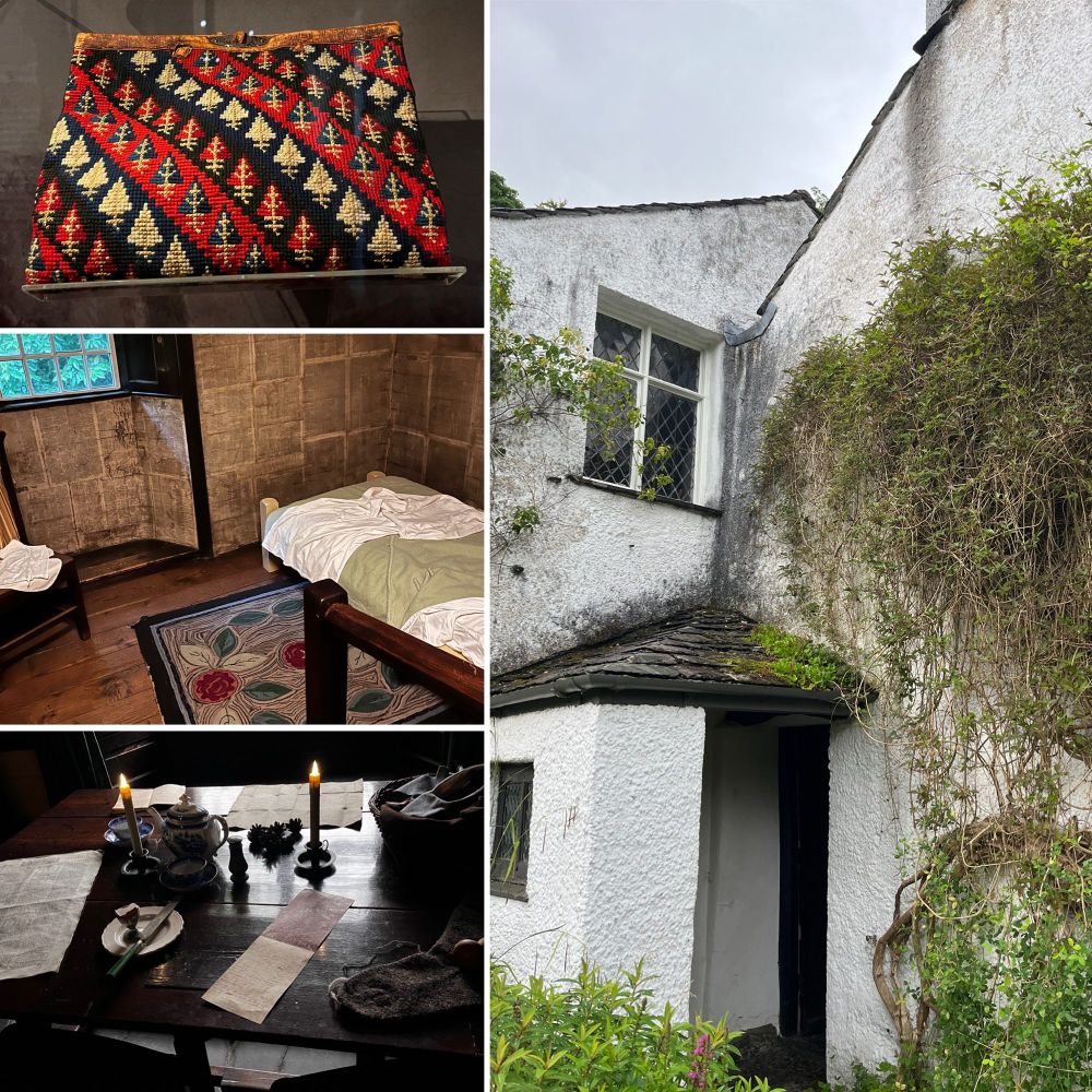 A photo of a Dove Cottage, a white cottage with greenery on the sides and three interior photos - a needlepoint bag with a tree motif, the inside of Dorothy Wordsworth's bedroom, papered with reproduction newspapers, and the front room with a table with candles and a mended sock. 