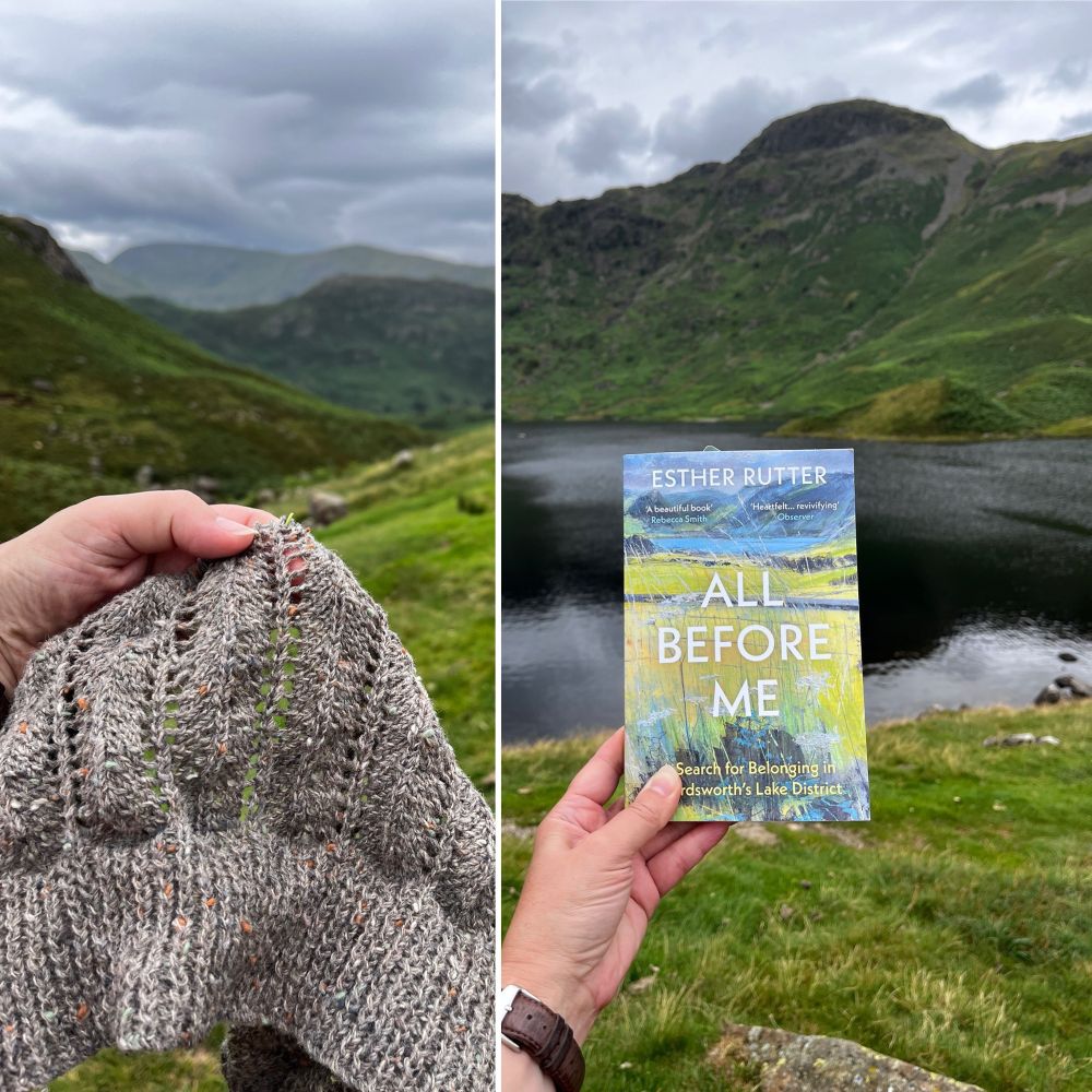 Two photos taken at Easedale Tarn in the Lake District - holding up part of a lace cardigan in tweedy grey, and a copy of All Before Me: A Search For Belonging in Wordsworth's Lake District by Esther Rutter. Green mountains and threatening grey skies loom behind. 