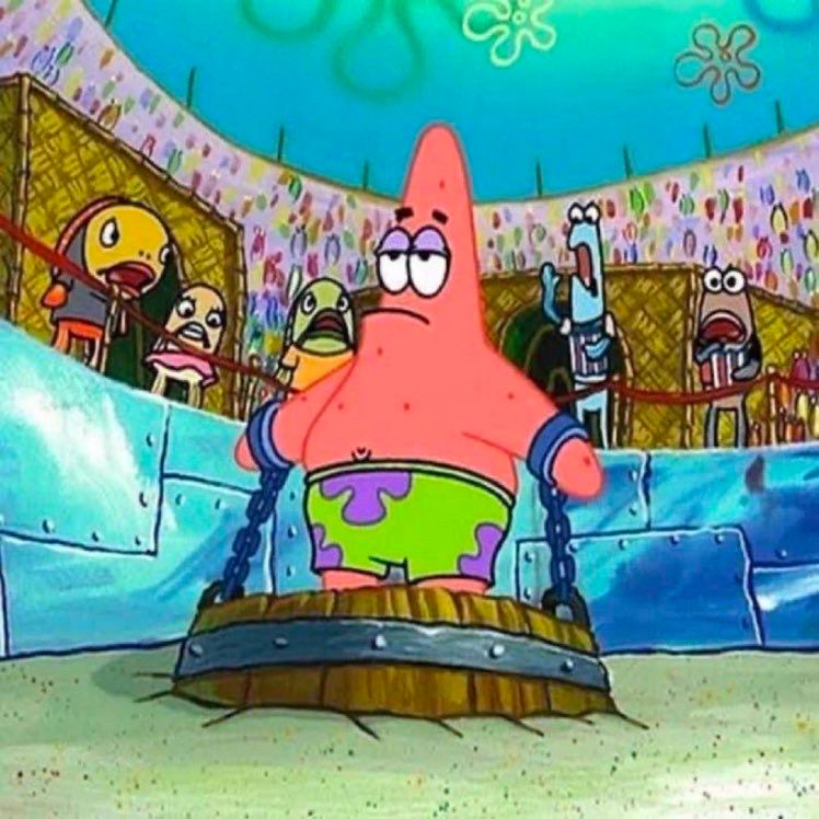 Patrick Star chained up in the middle of a colosseum being yelled at 