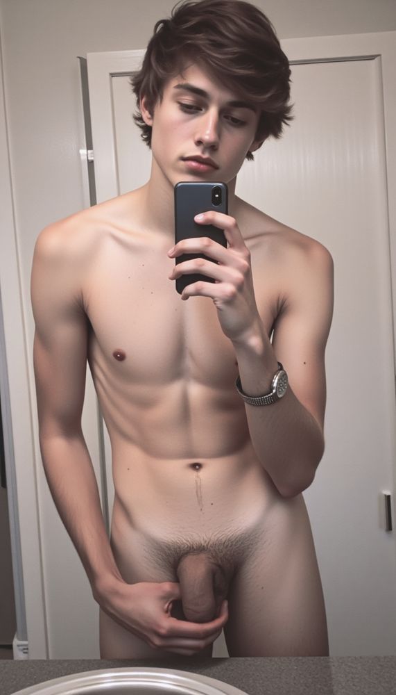 A young naked man with an athletic build taking a selfie in the mirror.