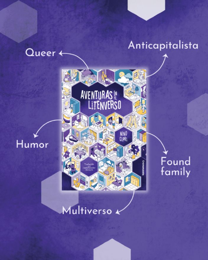 Cubierta de Aventuras en el Litenverso, de Nino Cipri, con las siguientes palabras saliendo de ella con flechitas: queer, anticapitalista, humor, found family, multiversos.