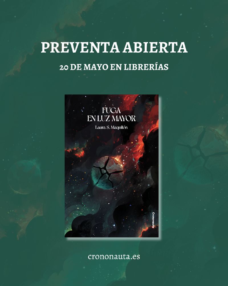 En la zona superior, título de la novela y el nombre de la autora; y, debajo, un planeta con grandes grietas, que resquebrajan su superficie. Es de color gris oscuro, pero la luz del universo lo ilumina con tonos rojos y verdes.
Hay un universo oscuro y estrellado que transmite inmensidad. Está formado por líneas curvas y sinuosas, de color rojo y verde, que recuerdan al humo y al fuego. Las estrellas son puntos pequeños de distintos colores (amarillo, azul, blanco).