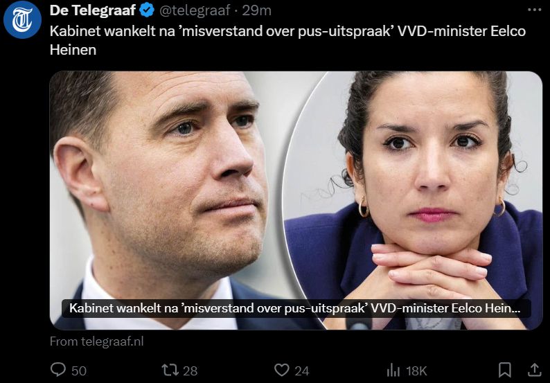 Tweet van de Telegraaf, met daarin een nieuwsbericht met de kop: Kabinet wankelt na "misverstand over pus-uitspraak" VVD-minister Eelco Heinen