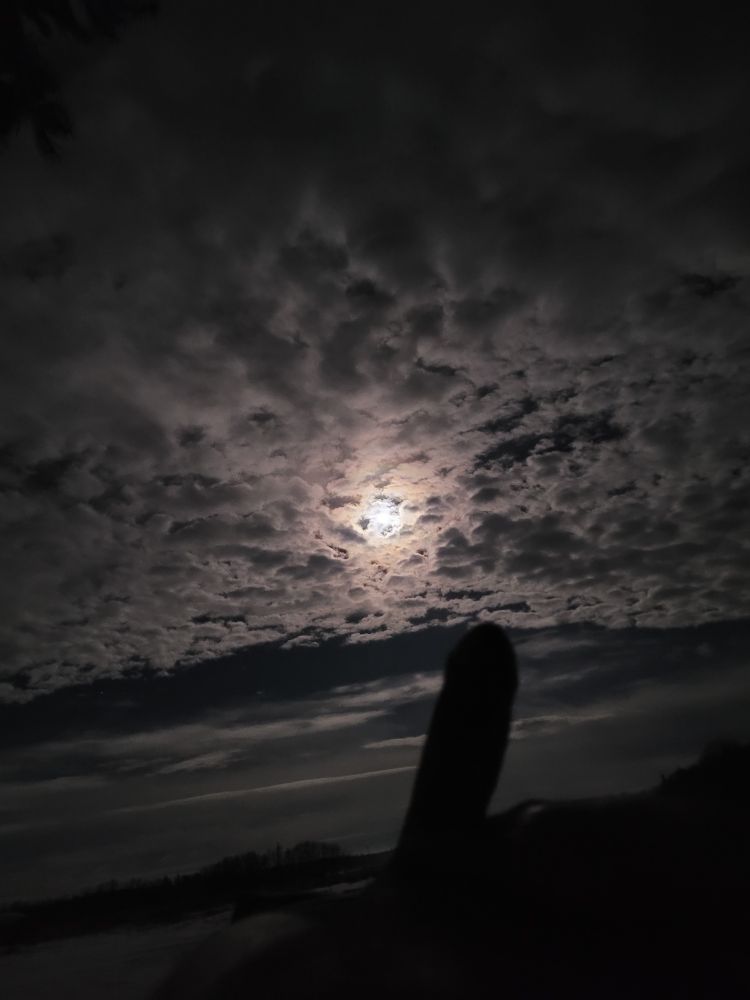 Light from the full moon behind some clouds with the silhouette of my penis reaching from the horizon 