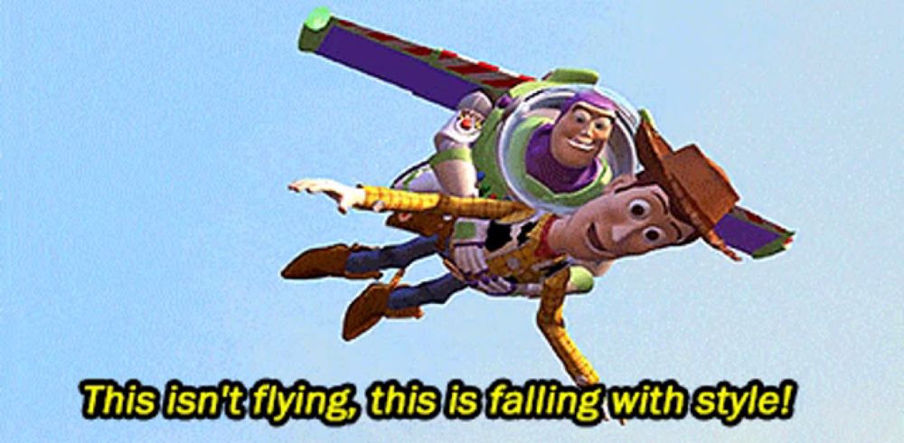 buzz lightyear and woody from toy story are flying in the sky