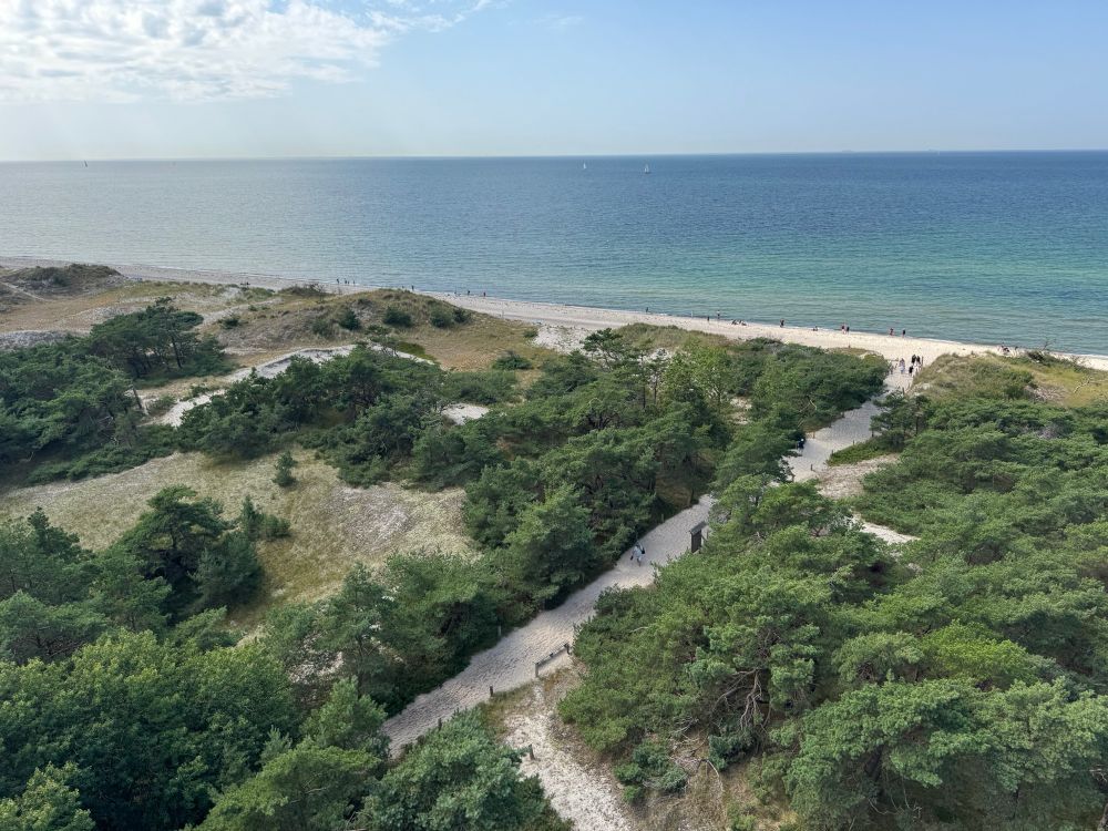 Blick von einem hohen Standort aufs Meer, blauer Himmel und Sonne, Dünen mit Bewaldung