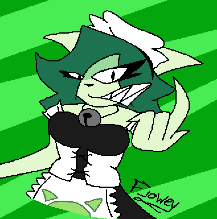 An angry green-haired maid catgirl, pointing menacingly her finger towards the screen in front of a striped green background