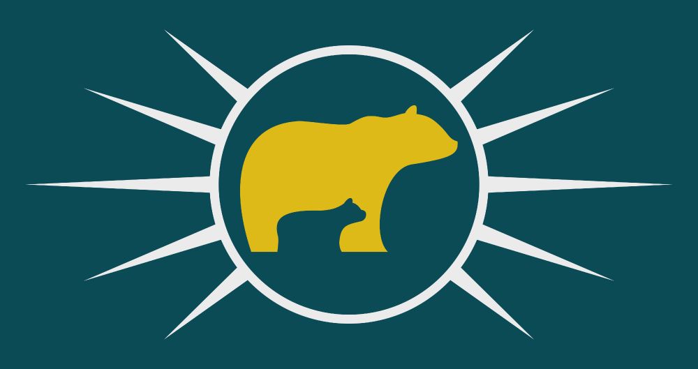 A flag consisting of a teal field with a white circle that has spikes radiating outwards from it, 5 on each side, the longest being horizontal, the others shorter. It resembles a crater with ejecta and also a sparkle effect. Inside the crater in gold is a sillouette of a mother bear with a cub.