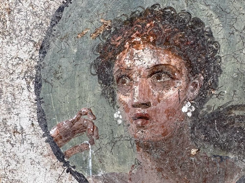 Portrait of a woman’s head in a circular frame. She has dark frizzy hair tied back. She wears large silver/pearl earrings made up of 4 spheres tightly bunched. Her right hand is gently lifting her silky garment off her shoulder.