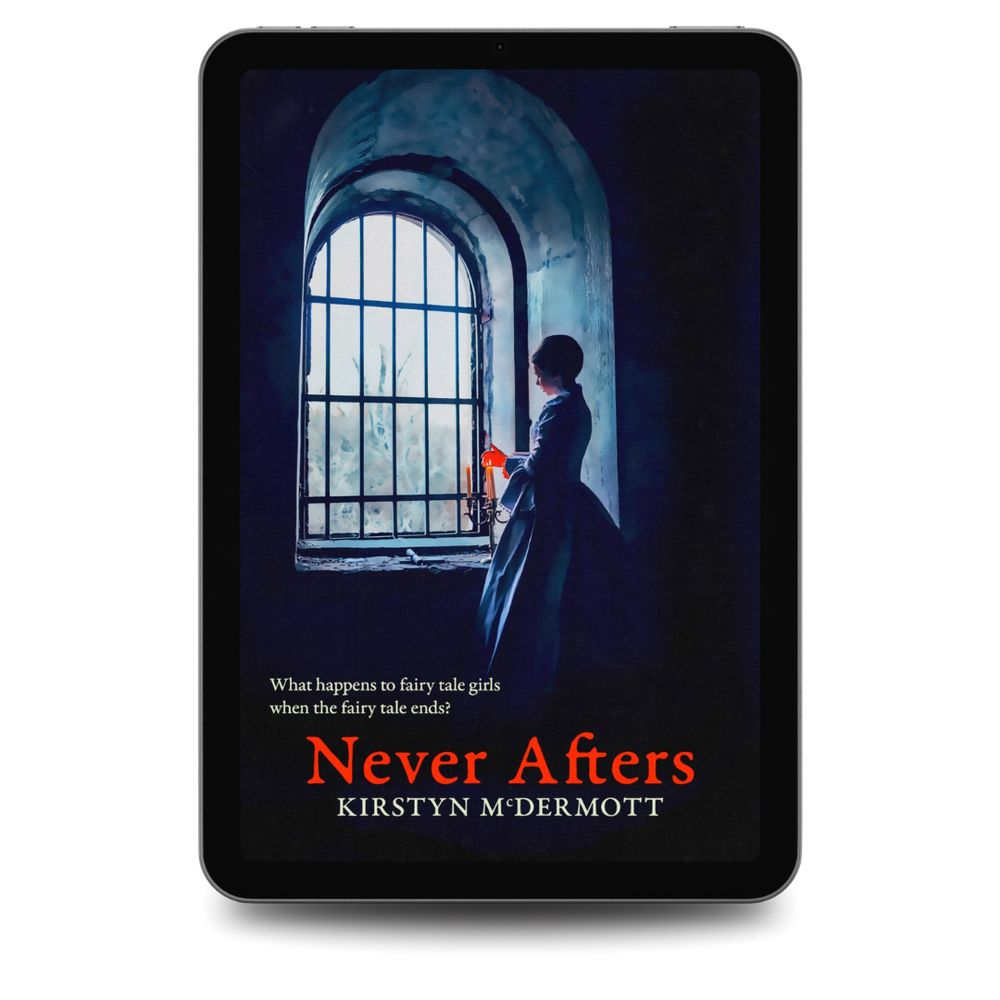 The front cover of Kirstyn McDermott's Never AFters, featuring a young woman in regency dress standing at an arched window, looking over a winter landscape. The cover is for the book, presented on a tablet. 