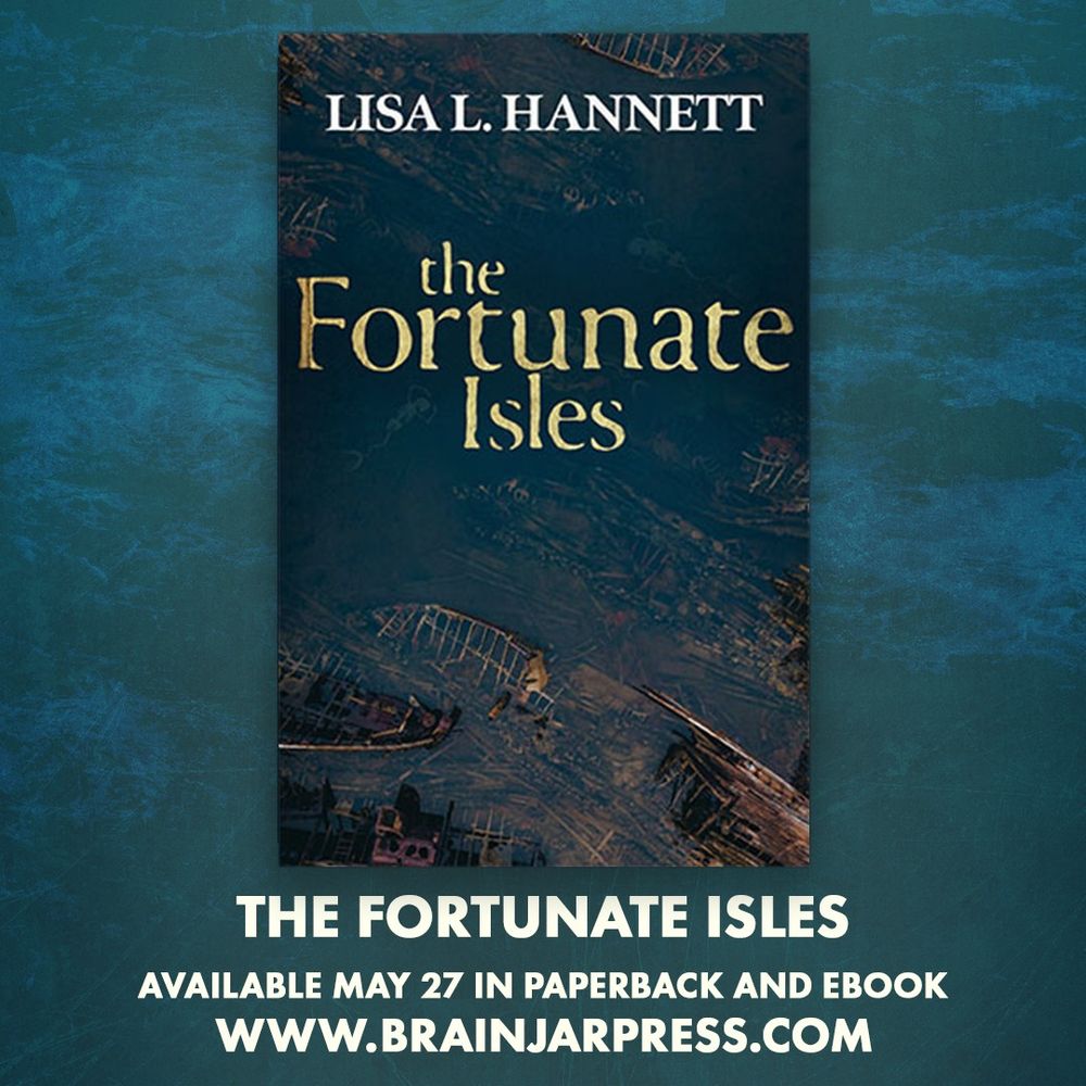 The front cover of Lisa L. Hannett's The Fortunate Isles, featuring sunken boats in a blue channel with spectral mermaids swimming among the depths. The cover is laid over a green textured pattern. 