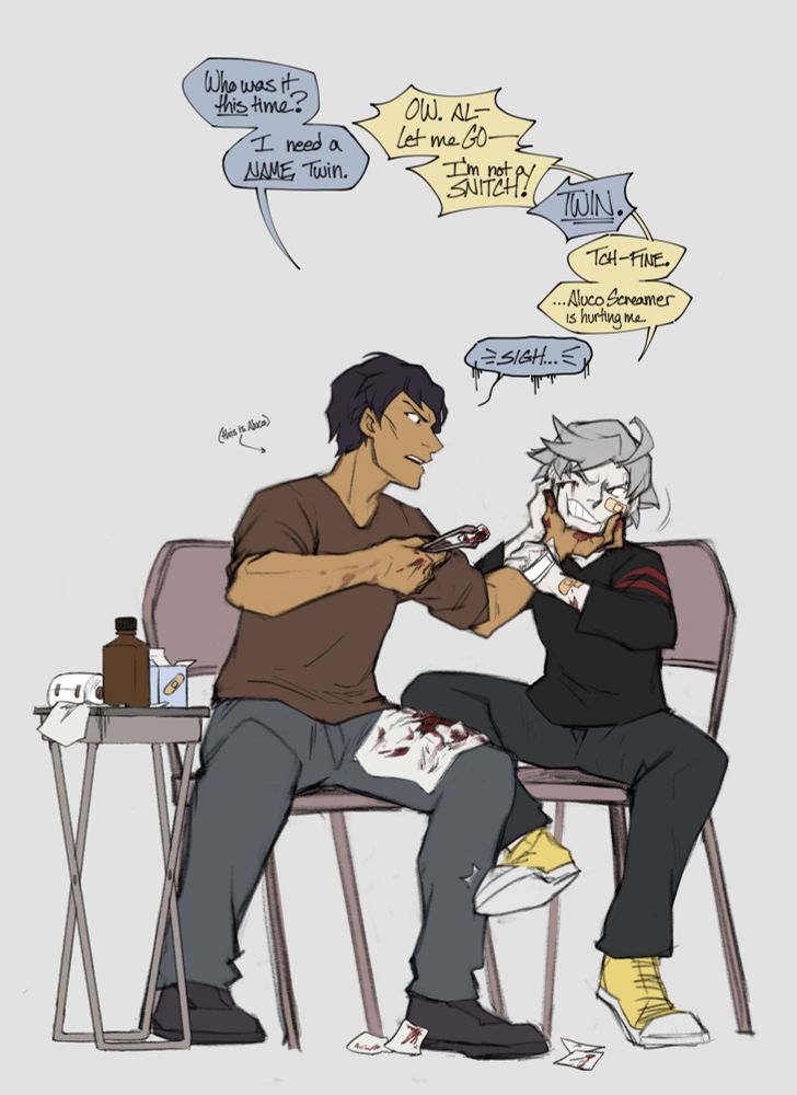 Aluco patching up Twin after he got into a fight