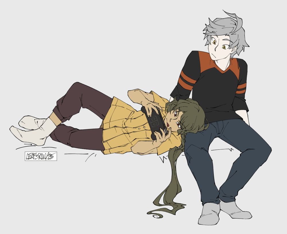 Gera rests her head on Twin's thigh as she plays a game on a knock-off Nintendo Switch. Twin and Gera are my characters from Deck 