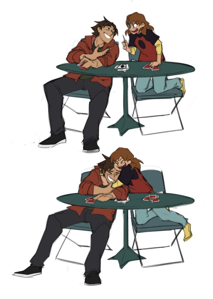 top: Acer and Clover are playing with cards. Clover taunts Acer with a winning card shoved in his face. Acer taunts her back.

bottom: Clover leans over and hugs Acer.