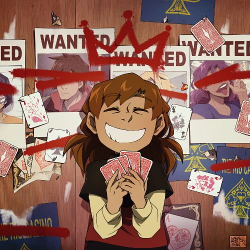 Clover happily holding up a hand of cards. 