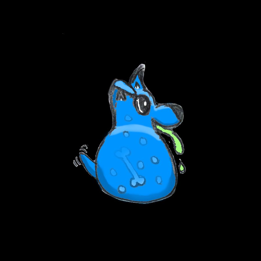 The slime pup, a blue slime ball with a happy puppy head and tail, a drooling green tongue, and a bone visibly being digested inside its belly.