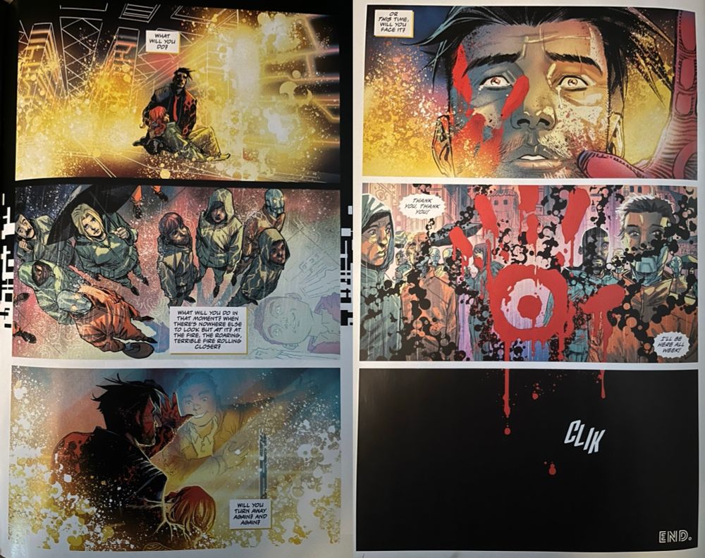 The closing panels of Clear by Scott Snyder and Francis Manapul, a cyberpunk noir thriller about escapism vs reality