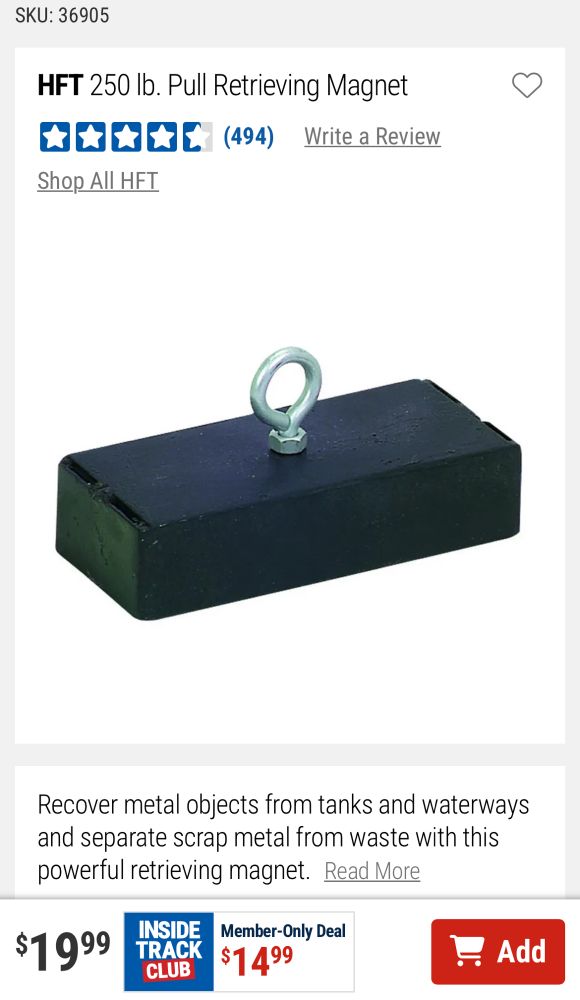A screenshot taken from Harbor Freight’s online store featuring a large magnet with a loop on top for a rope. It’s $20. What a deal!