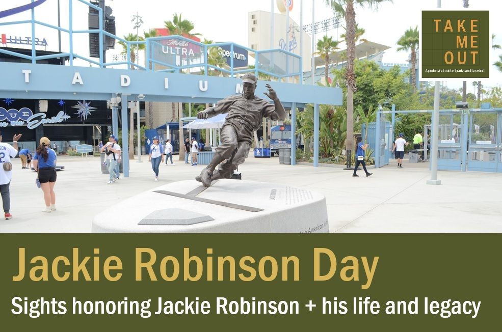 A banner for Take Me Out's episode about Jackie Robinson, featuring a photo by host Timothy Malcolm of "Stealing Home," an iconic statue of Jackie Robinson at Dodger Stadium.