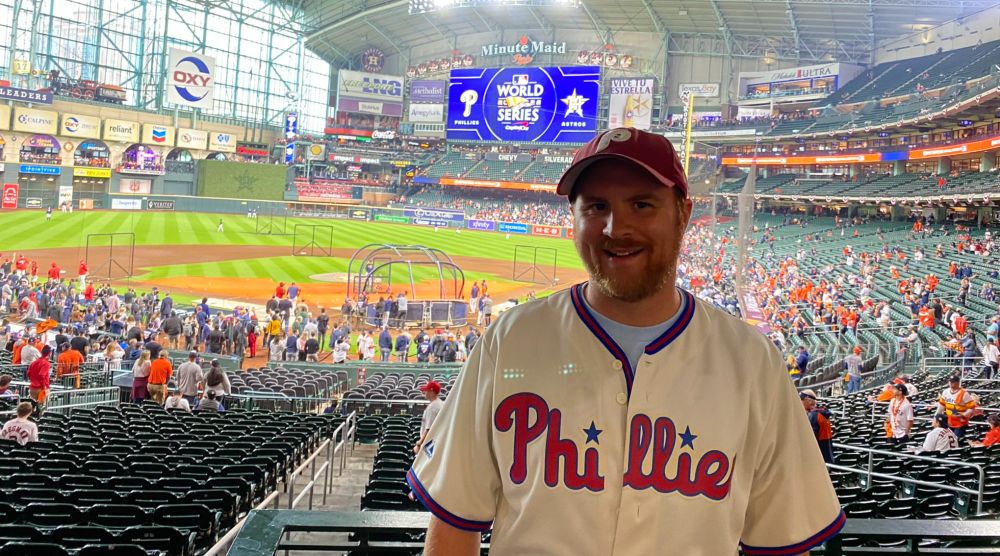 Take Me Out host Tim Malcolm at Daikin Park in Houston before Game 2 of the 2022 World Series between the Astros and Phillies.