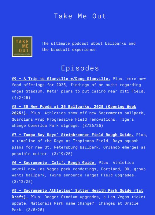 A screenshot of the website clamproductions.com showing a list of episodes of the baseball podcast Take Me Out.