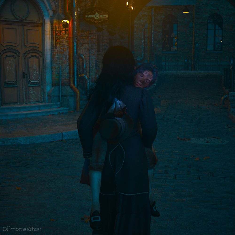 A very well to do woman in Victorian era clothing carries a small, filthy child down an alleyway at night.  The child is half-awake, comfortably falling asleep on her shoulder, but still gripping a grungy, adult-sized top-hat.  A soft glow from the streetlights illuminate their journey as they make their way home.