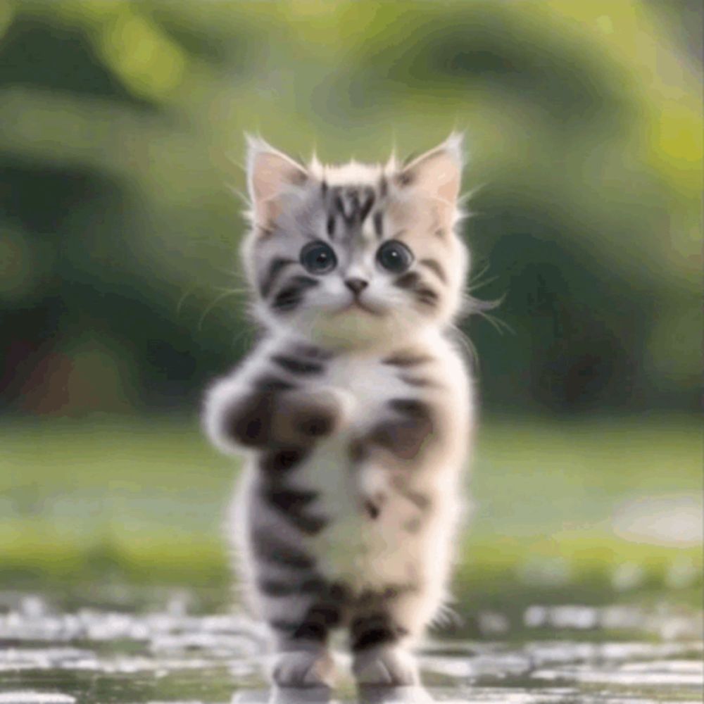 a small kitten is standing on its hind legs