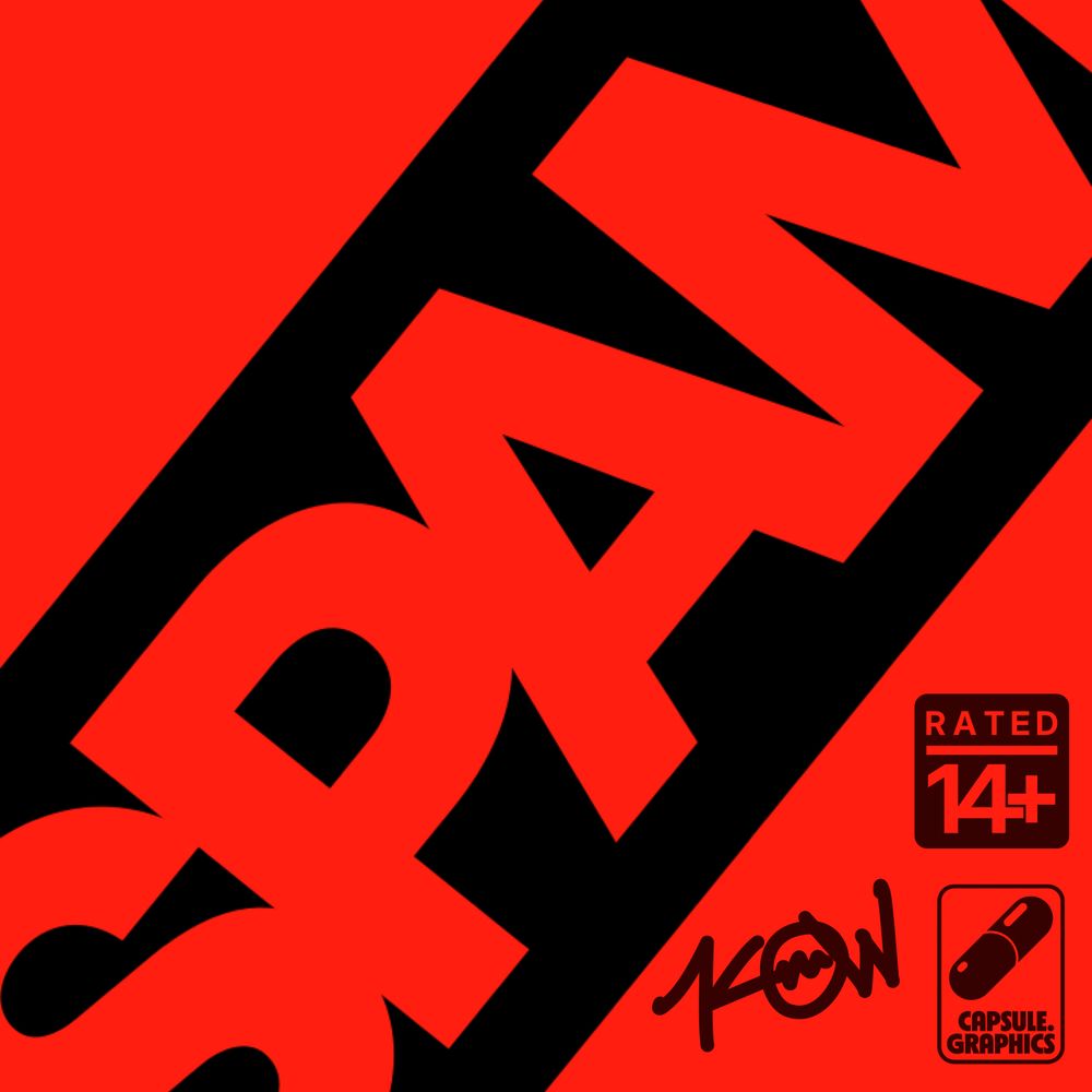 Square Album artwork, Bright Red, with large oversized label slapped on top that says SPAM.