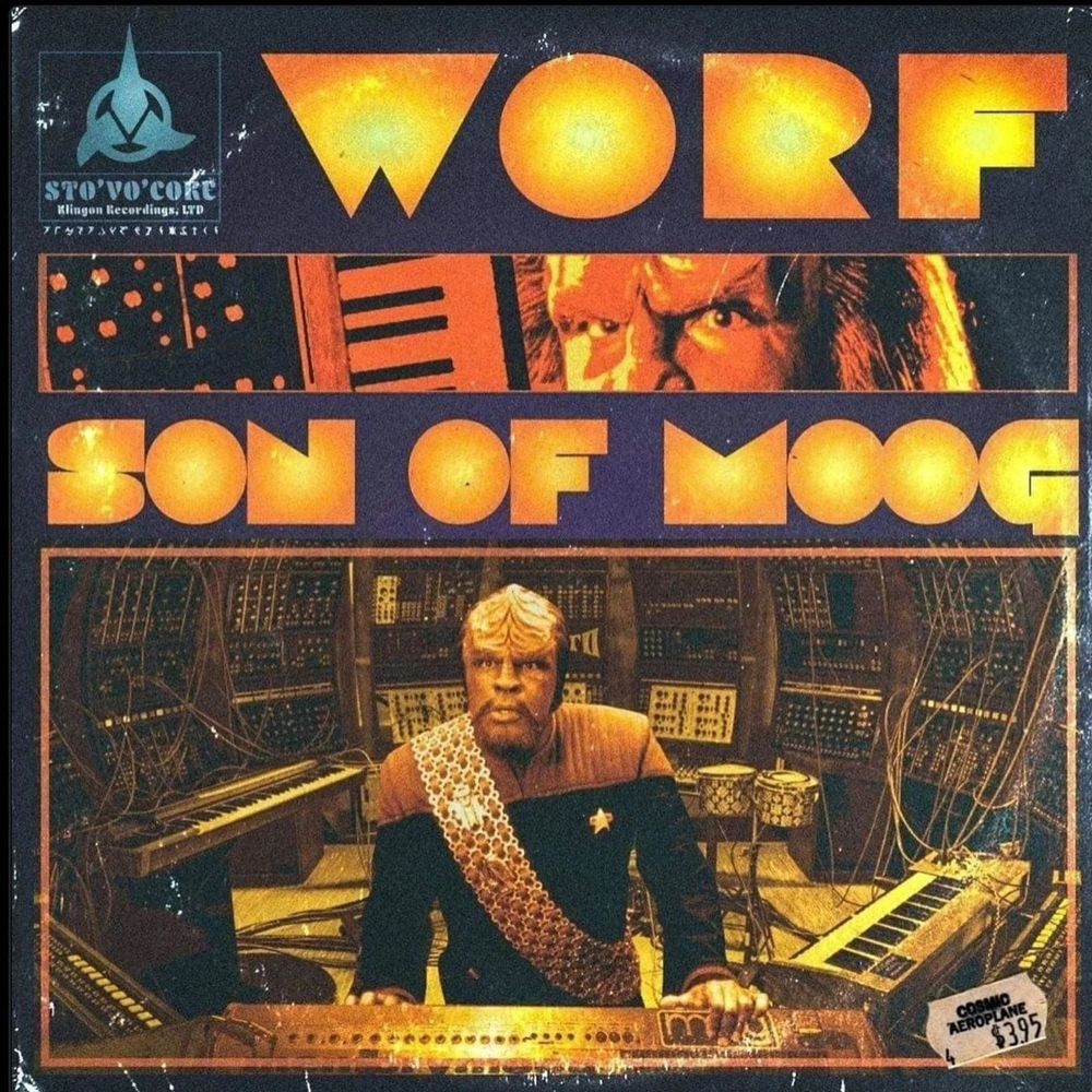 Image showing Worf resting his hands on a Moog synth and surrounded by keyboards gracing the cover of an album entitled "WORF: SON OF MOOG" 
