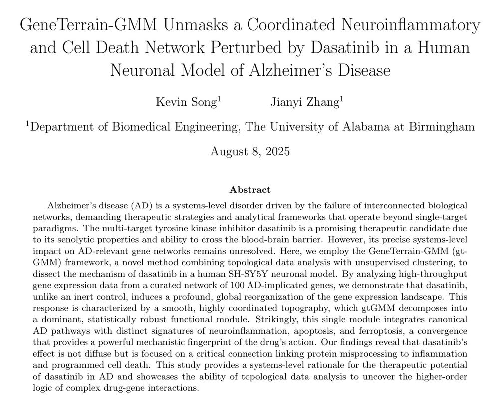 GeneTerrain-GMM Unmasks a Coordinated Neuroinflammatory and Cell Death Network Perturbed by Dasatinib in a Human Neuronal Model of Alzheimer's Disease
