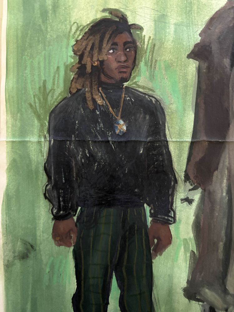 Painting of Fox from my sketchbook. He is wearing a black sweater and green plaid pants. he is staring off to the side.