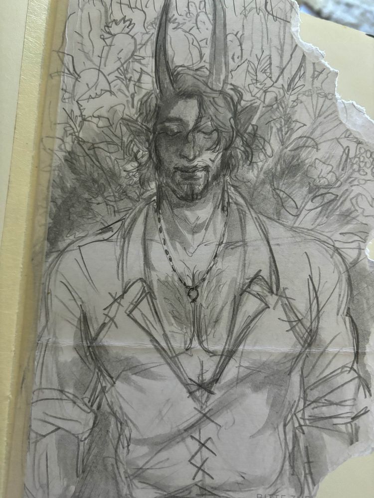 Pencil sketch of a Tiefling named Swain. He looks like he is resting peacefully with flowers and cacti behind him. He has a wedding ring on a necklace on his neck.