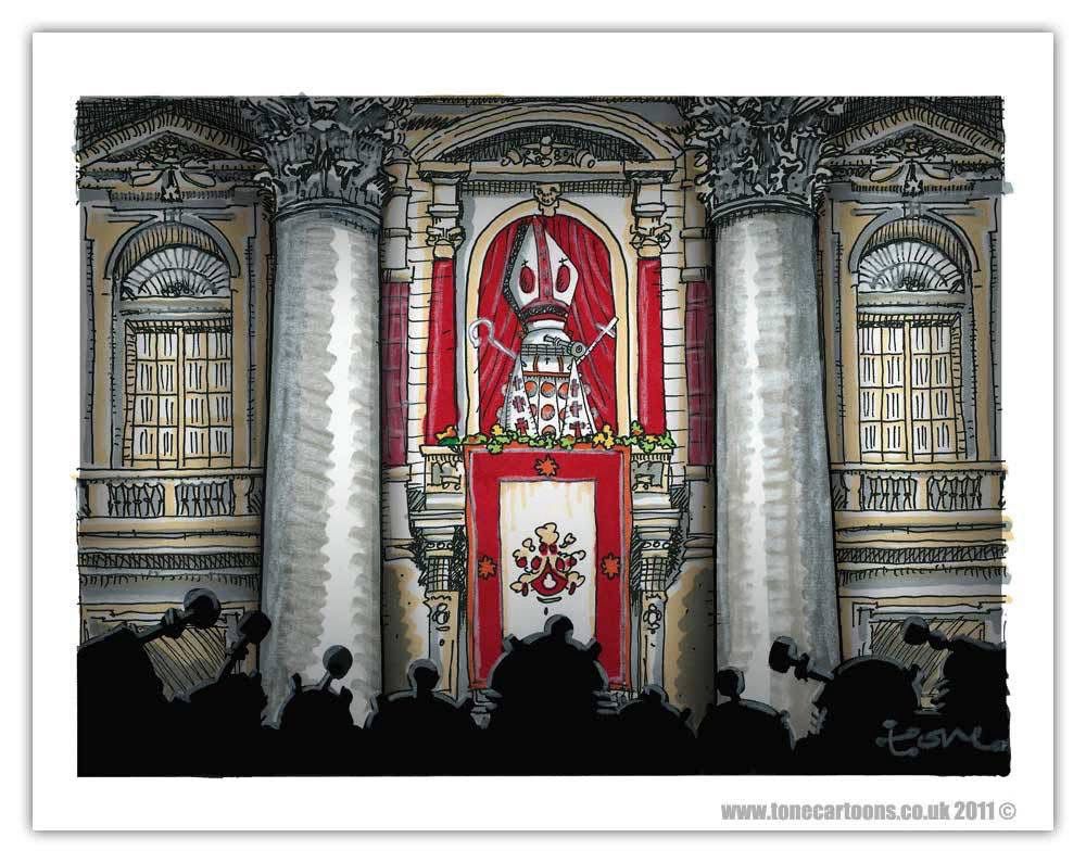 I drawing of a Dalek pope standing outside the Vatican with its arms up. 