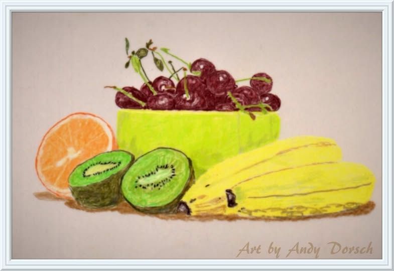A drawing of various fruits. Red Cherries in a green bowl, with an Orange, Kiwi, and Banana around it.
