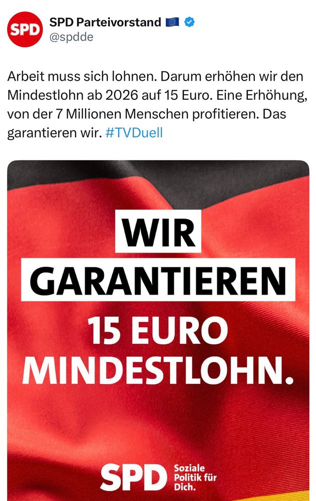 Ein Share Pic der SPD aus dem Bundestagswahlkampf auf dem steht: „Wir garantieren 15€ Mindestlohn.“