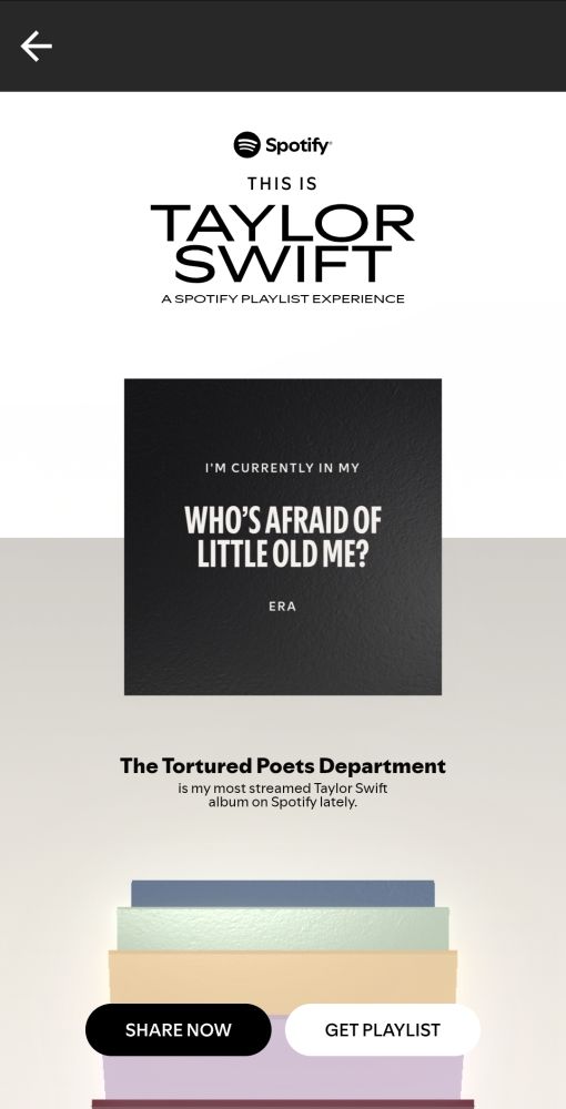 taylor swift spotify playlist experience

a white and beige background with a black square over it that says "i'm currently in my who's afraid of little old me? era" in white text on it

underneath the square is black text that reads "the tortured poets department is my most streamed taylor swift album on spotify lately."