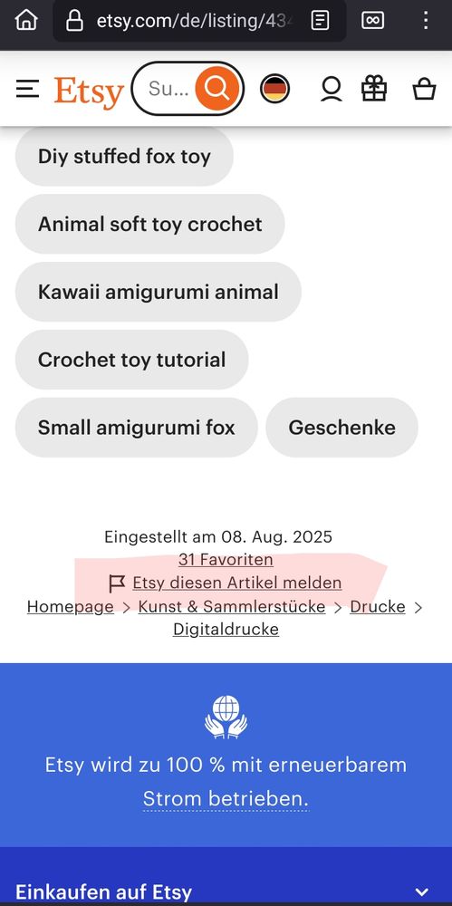 Screenshot von Etsy.com mit u.a. dem Text: "Etsy diesen Artikel melden"