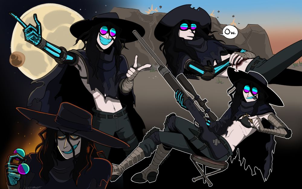 A bunch of cowbot kassidys, showing off her skeleton arm, getting shot, holding a gun, and smirking. the usual