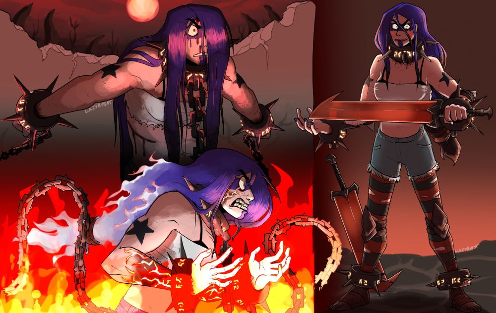 3 images
top left: Jackie, dishevelled and chained looks on at something unseen with realization
bottom left: Jackie's rage builds and seems to have more of an effect as it crackles her own body and frees her of the chains
right: Unchained, but still shackled, Jackie stands with two blades, ready to fight her way out of hell