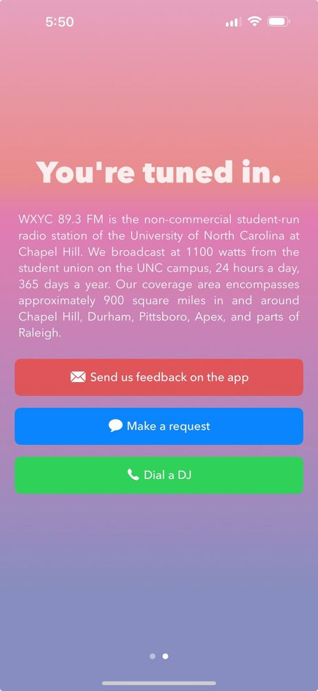 WXYC App info screen