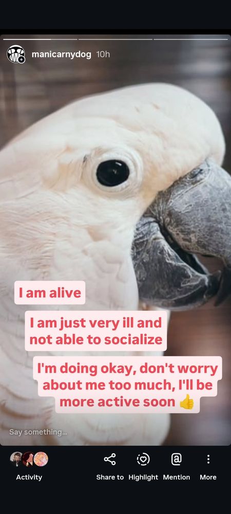 I am alive. I am just very ill and not able to socialize. I'm doing okay, don't worry about me too much, I'll be more active soon. Thumbs up emoji.