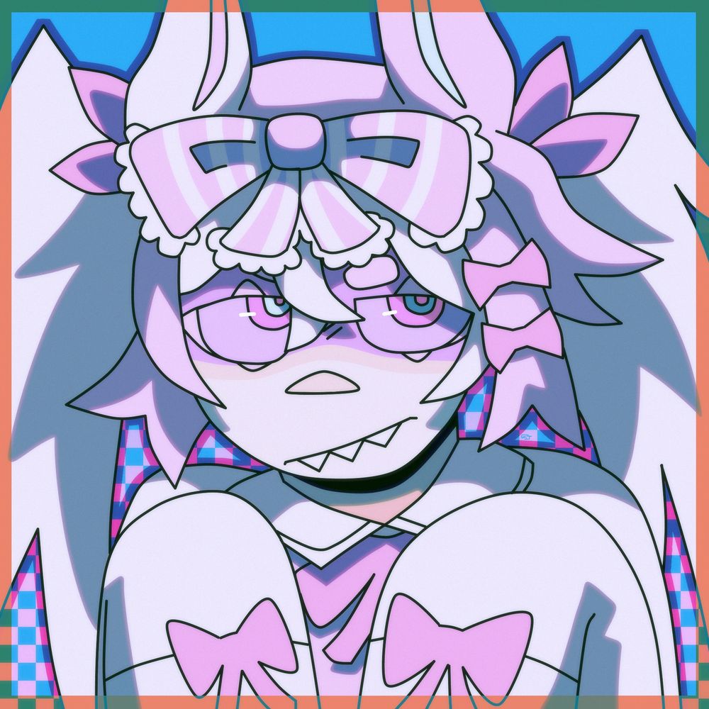 A drawing of Mistassini with a bare expression holding their hands up.