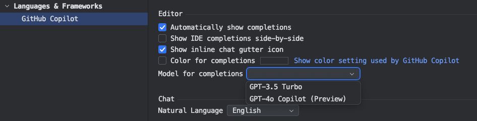 Model selector for completion in IntelliJ