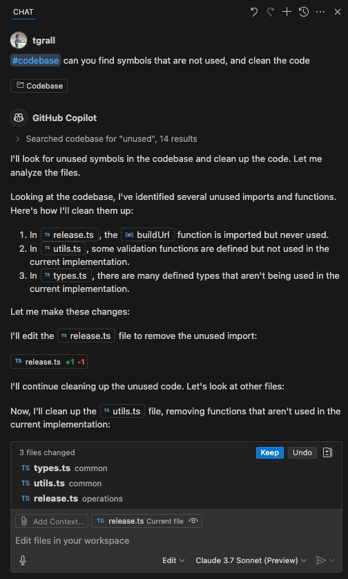 Screenshot of the Copilot chat used to remove unused code