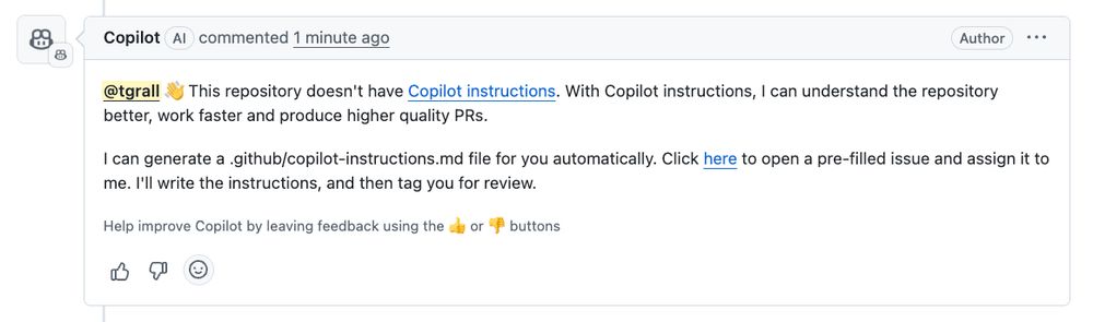 Coding Agent Comment to alert about the lack of copilot instructions