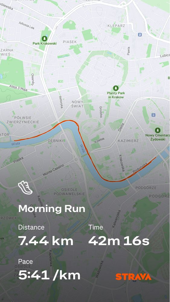Strava run map 7.44km