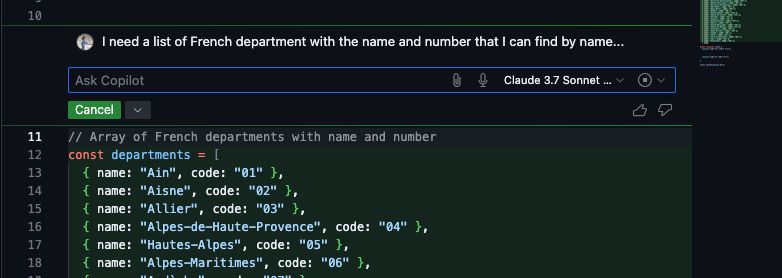 Copilot prompt to get the list of departments and the beginning of the suggestions