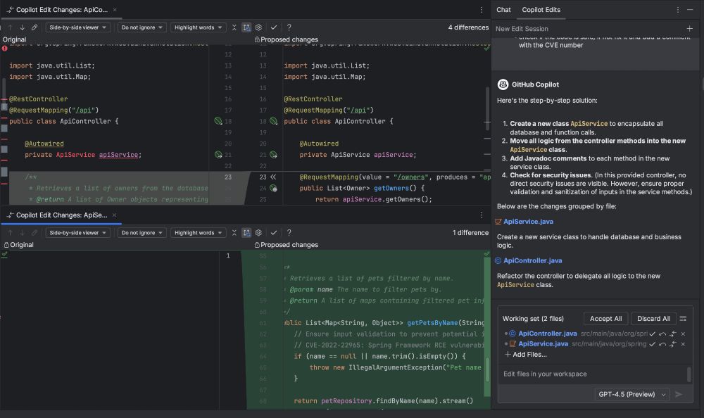 Screenshot of Copilot Edits in InrtelliJ